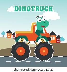 Vector illustration of dinosaurs riding monster truck with cartoon style. Can be used for t-shirt print, kids wear, invitation card. fabric, textile, nursery wallpaper, poster and other decoration.