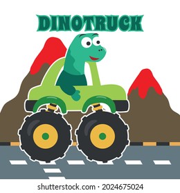 Vector illustration of dinosaurs riding monster truck with cartoon style. Can be used for t-shirt print, kids wear, invitation card. fabric, textile, nursery wallpaper, poster and other decoration.