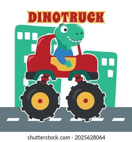 Vector illustration of dinosaurs riding monster truck with cartoon style. Can be used for t-shirt print, kids wear, invitation card. fabric, textile, nursery wallpaper, poster and other decoration.