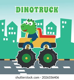 Vector illustration of dinosaurs riding monster truck with cartoon style. Can be used for t-shirt print, kids wear, invitation card. fabric, textile, nursery wallpaper, poster and other decoration.