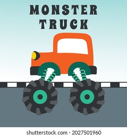 Vector illustration of dinosaurs riding monster truck with cartoon style. Can be used for t-shirt print, kids wear, invitation card. fabric, textile, nursery wallpaper, poster and other decoration.