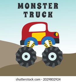 Vector illustration of dinosaurs riding monster truck with cartoon style. Can be used for t-shirt print, kids wear, invitation card. fabric, textile, nursery wallpaper, poster and other decoration.