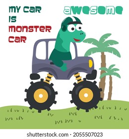 Vector illustration of dinosaurs riding monster truck with cartoon style. Can be used for t-shirt print, kids wear, invitation card. fabric, textile, nursery wallpaper, poster and other decoration.