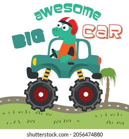 Vector illustration of dinosaurs riding monster truck with cartoon style. Can be used for t-shirt print, kids wear, invitation card. fabric, textile, nursery wallpaper, poster and other decoration.