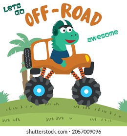 Vector illustration of dinosaurs riding monster truck with cartoon style. Can be used for t-shirt print, kids wear, invitation card. fabric, textile, nursery wallpaper, poster and other decoration.