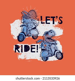 Vector illustration of Dinosaurs riding motorcycles and typography 