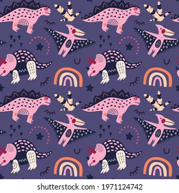 Vector illustration. Dinosaurs seamless pattern rainbow triceratops pink stegosaurus on a purple background. For printing on fabric and paper, for wall decoration. For kids.