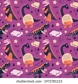 Vector illustration. Dinosaurs seamless pattern Tyrannosaurus Rex, Brachiosaurus, pink clouds, stars and fuchsia background. For printing on fabric and paper, for wall decoration. For kids.