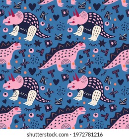 Vector illustration. Dinosaurs seamless pattern. Triceratops and Stegosaurus on azure blue background. Latin alphabet. For printing on fabric and paper, for wall decoration. For kids.