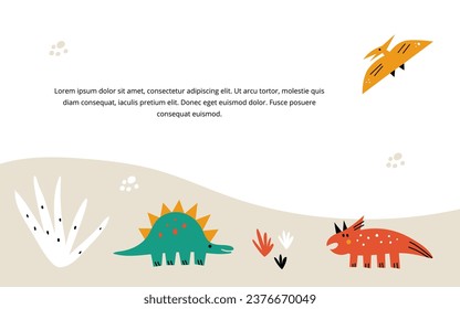 Vector illustration with dinosaurs theme background. Concept with colorful animals and plants.