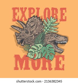 Vector illustration of Dinosaurs with tropical leaves and typography 