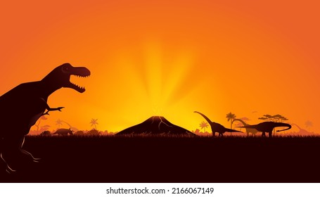 Vector illustration of dinosaurs with volcano background. The prehistoric landscape