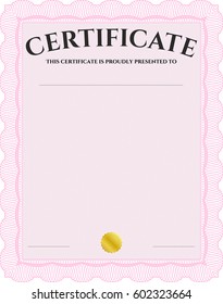 Vector Illustration of Diploma or certificate template. With complex background. Vector illustration. Lovely design. Pink color.
