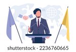 Vector illustration of diplomat. Cartoon scene with a guy who speaks at meetings of world leaders and makes peace on white background.