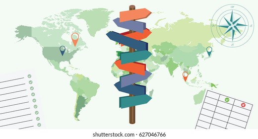 vector illustration with direction arrows world map compass for choosing direction concepts