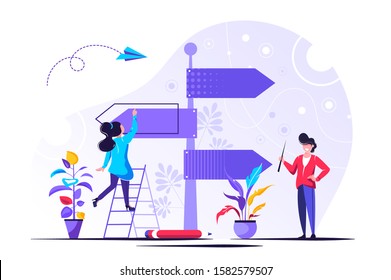 	
Vector illustration, direction sign in different, destination, choice of directions, travel to different places