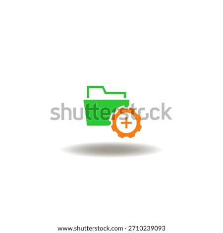 Vector illustration of directory and gear wheel with plus sign. Symbol of user interface options, user statistics and high tech projects development.