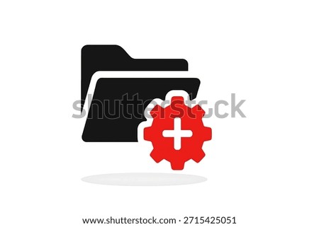 Vector illustration of directory and gear wheel with plus sign. Symbol of user interface options, user statistics and high tech projects