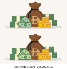 Ilustração vetorial de um saco de dinheiro símbolo dirham com pilhas de notas e moedas dos EAU. Representa a força financeira, a economia do Golfo e o investimento no Oriente Médio.