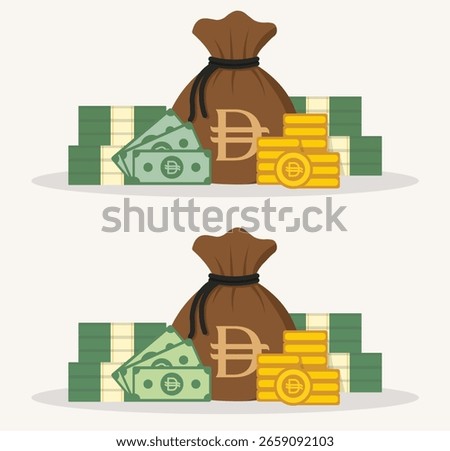 Vector illustration of a dirham symbol money bag with stacks of UAE banknotes and coins. Represents financial strength, Gulf economy, and investment in the Middle East.