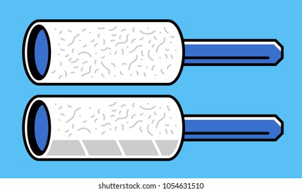 Vector illustration of dirty fur roller with for wool dust mud. Black contour, isolated. Blue bckground