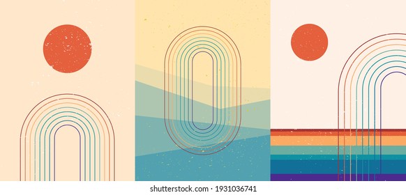 Vector illustration. Dirty grunge texture. Abstract background set. Contemporary backgrounds. Colorful rainbow. Design elements for social media, blog post, web banner. 60s, 70s retro graphic