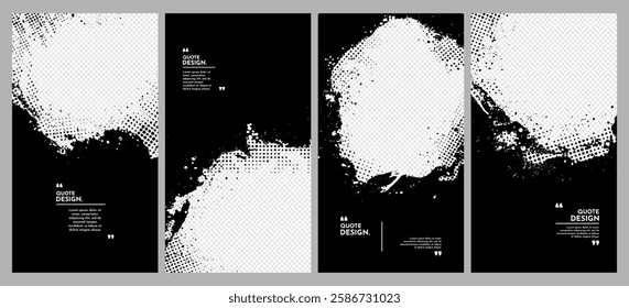 Vector illustration. Dirty ink splatter with halftone dots. Hand drawn abstract black color overlay set. Design for vertical web banner, coupon, leaflet, flyer. Brush strokes and paint splashes