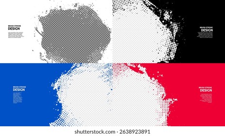 Vector illustration. Dirty ink splatter with halftone dots. Hand drawn abstract color overlay set. Design for horizontal web banner, panoramic wallpaper, frame. Brush strokes and paint splashes