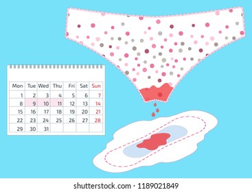 Vector illustration of dirty pants with menstrual blood drops in women monthlies period, soft pad and a calendar. Feminine hygiene in Menstruation periods. Woman critical days, hygiene protection