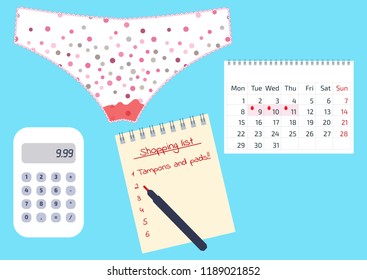 Vector illustration of dirty pants with menstrual blood drops in women monthlies period, shopping list and a calendar. Feminine hygiene in Menstruation periods. Woman critical days, hygiene protection
