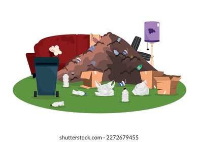 Vector illustration of a dirty room isolated on white background. Cartoon abandoned room with sofa, broken lamp, pile of trash, bottles, packages, boxes, trash can. Room that needs to be cleaned.