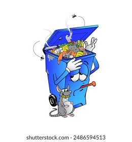 Ilustración vectorial de un cubo de basura sucio y enfermo
