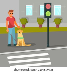 Vector illustration of disabled blind man with stick and guide dog waiting for green traffic light to cross street. Flat style design.