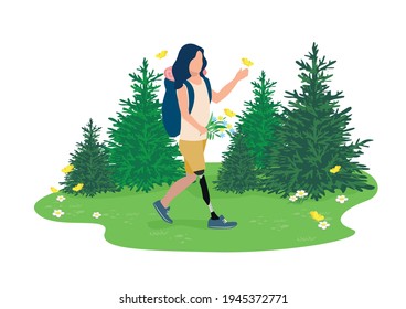 Vector illustration of a disabled girl with a prosthetic leg leads an active lifestyle and goes hiking in the forest. Rehabilitation and adaptation of people with disabilities.