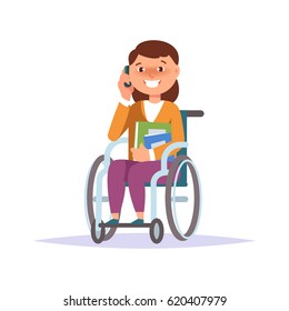 Vector illustration of disabled kid girl student in child wheelchair with textbook and gadget isolated. Cartoon style