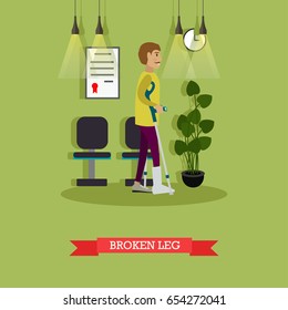 Vector illustration of disabled man with broken leg walking around hospital using crutches. Flat style design.