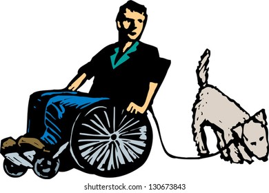 Vector illustration of disabled man walking dog