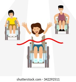 Vector illustration of disabled people's competition. Happy winner - woman in wheelchair - holds her hands up, her rivals behind. Concept for disabled sport, success, paralympic games, championship.