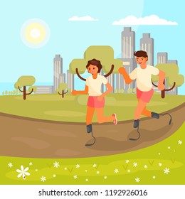 Vector illustration of disabled young man and woman running on prosthesis or artificial sports feet. Blade runners flat style design elements.