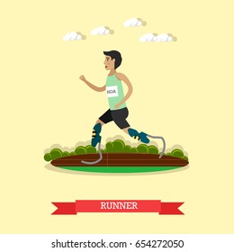 Vector illustration of disabled young man running on prosthesis. Athlete running on artificial sports feet. Blade runner flat style design element.