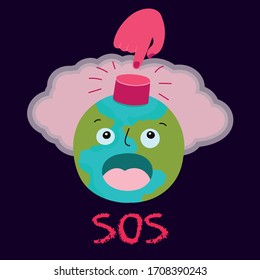 Ilustración vectorial de una situación de desastre en el planeta Tierra. Explosión nuclear, botón SOS, afiche conceptual.