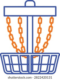 Vector illustration of a disc golf basket with orange chains and blue frame. Minimalist sports equipment icon on white background.