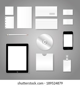 vector illustration of disc, pencil, papers, sheets and plate number for the business on a gray background