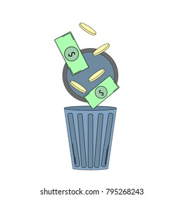 Vector illustration of discarded money. Throw money in the trash. Money down the drain. To throw away money.