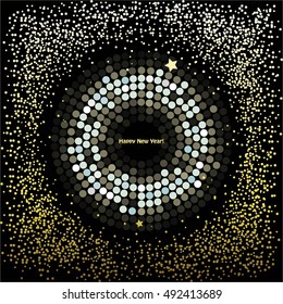 Vector illustration of Disco ball in a blaze of golden stars in the night sky.