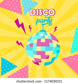 Vector Illustration. Disco ball icon. Disco party poster. Retro style. Background