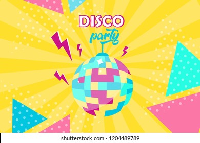 Vector Illustration. Disco ball icon. Disco party poster. Retro style. Background