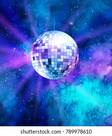 Vector illustration of disco ball on ultraviolet outer space background.