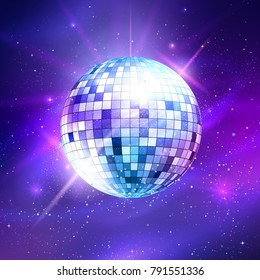 Vector illustration of disco ball on ultraviolet outer space background.