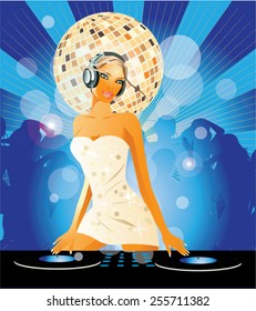 Vector Illustration. Disco Party with trendy young DJ. 